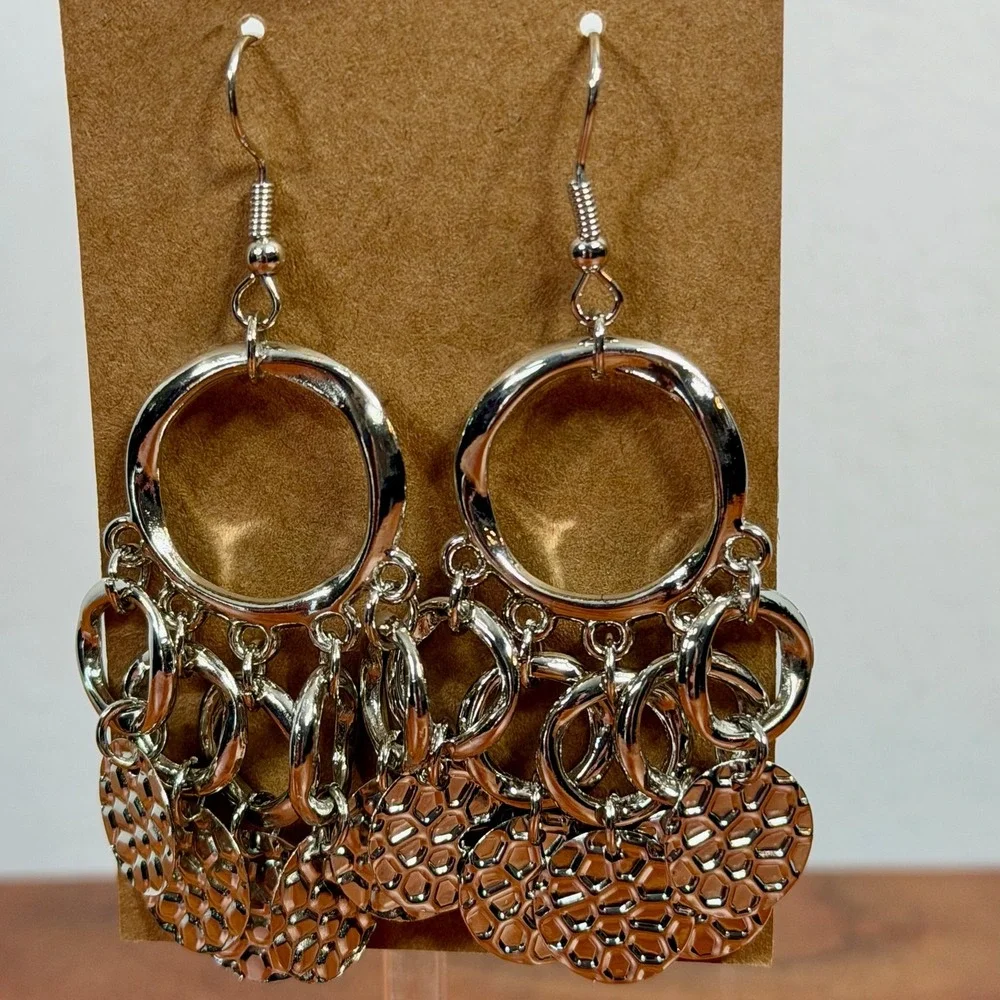 Silver Tone Chandelier‎ Earrings Dangling Circles Geometric Textured Coins